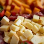 Close-up of assorted cheeses and salami on a gourmet platter with strawberries.